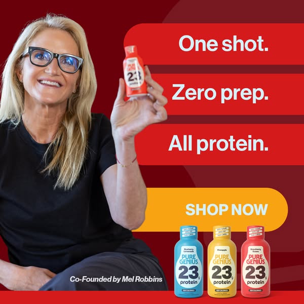 An image ad featuring Mel Robbins with a Pure Genius protein shot, highlighting its convenience and high protein content