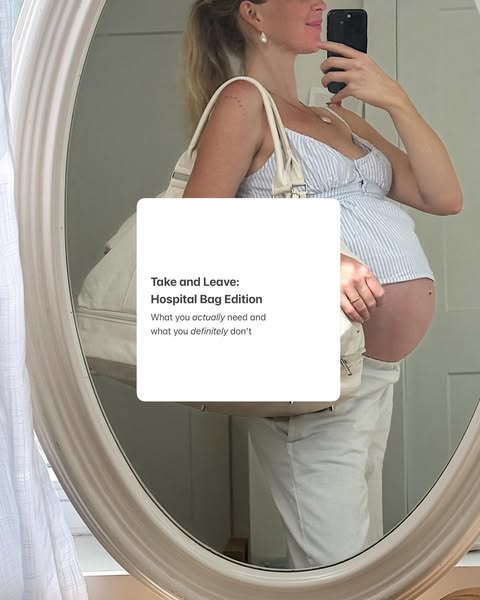 A mirror selfie-style photo of a pregnant woman showing a hospital bag and presenting information on what to pack.
