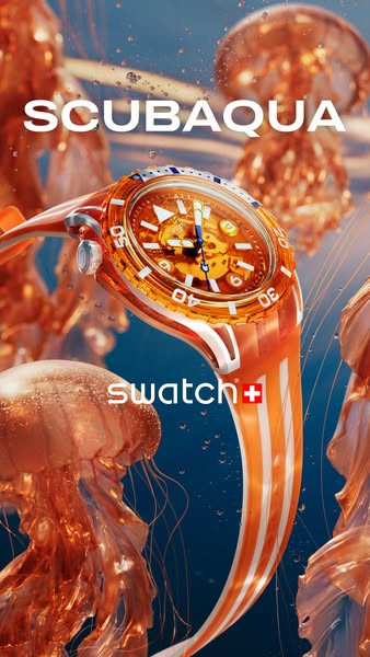 This ad showcases the SCUBAQUA watch from Swatch, emphasizing its underwater theme through visuals of jellyfish and a wa
