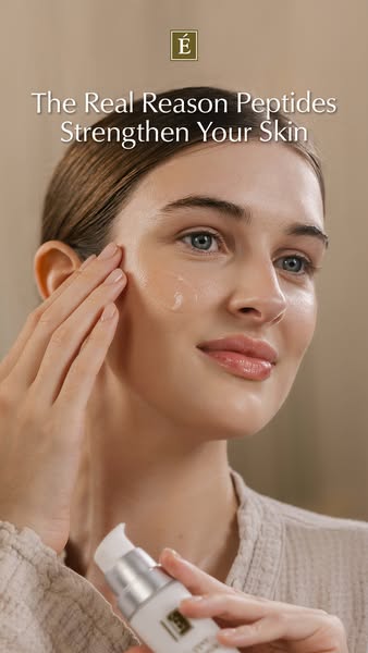 The ad shows a woman applying a peptide serum to her face, explaining how peptides work to strengthen skin.