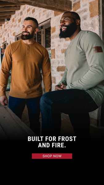 This ad features two men wearing long-sleeved shirts. The ad highlights the shirts' durability and versatility, sugg