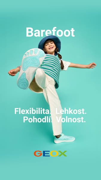 This ad uses a bright, eye-catching color palette and a dynamic pose to promote GEOX barefoot shoes. The text highlights