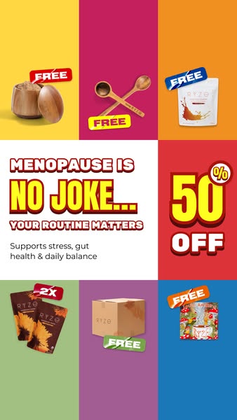 This ad for Ryze mushroom coffee is displayed in a 3x2 grid, with each cell featuring a different product and a callout