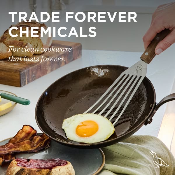 This ad showcases Smithy kitchenware that's free from forever chemicals. The focus is on their carbon steel pan, whi