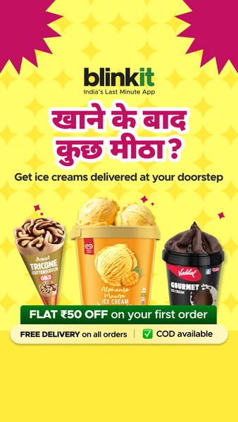 This image ad for Blinkit features ice cream. It shows an assortment of different ice cream flavors available for delive