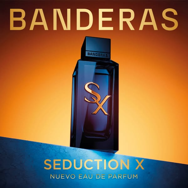 This image ad showcases the Seduction X Nuevo Eau de Parfum by the brand Banderas. The ad is set against a gradient oran