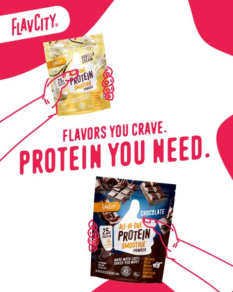 This ad features two FlävCity protein smoothie powder packets in vanilla cream and chocolate flavors. The ad highlights 