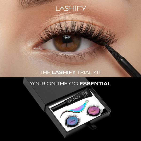 This image ad for Lashify promotes their trial kit for on-the-go use. It features an eye with lashes being applied and t