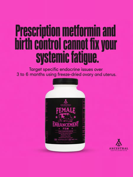 Image ad for Ancestral Supplements Female Enhancement, which targets specific endocrine issues using freeze-dried ovary 