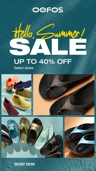 This image ad for OOFOS promotes a summer sale of up to 40% off select styles. The ad uses a collage of various OOFOS sh