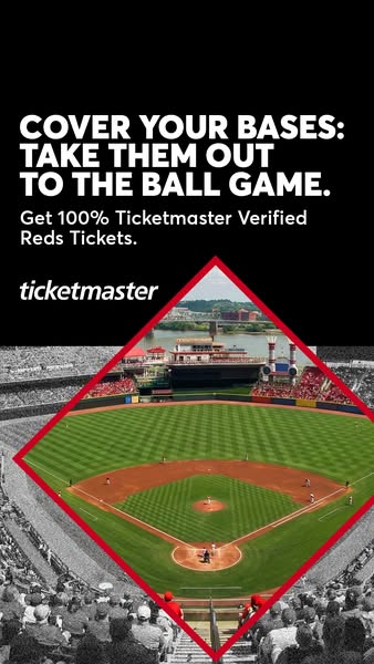 This ad is for Ticketmaster, and encourages viewers to purchase tickets to see the Cincinnati Reds baseball team play. T