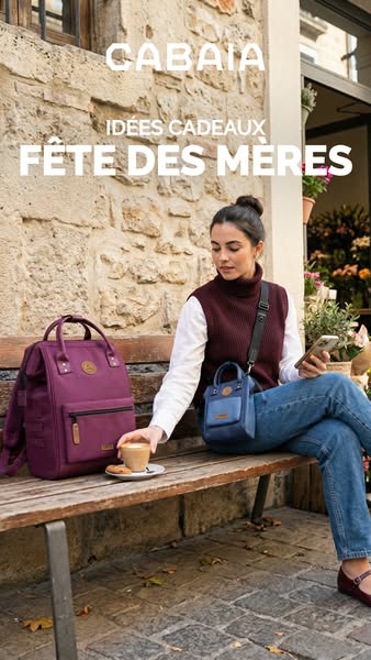This image ad promotes Cabaiia bags as a gift idea for Mother's Day. It features a woman sitting on a bench with two