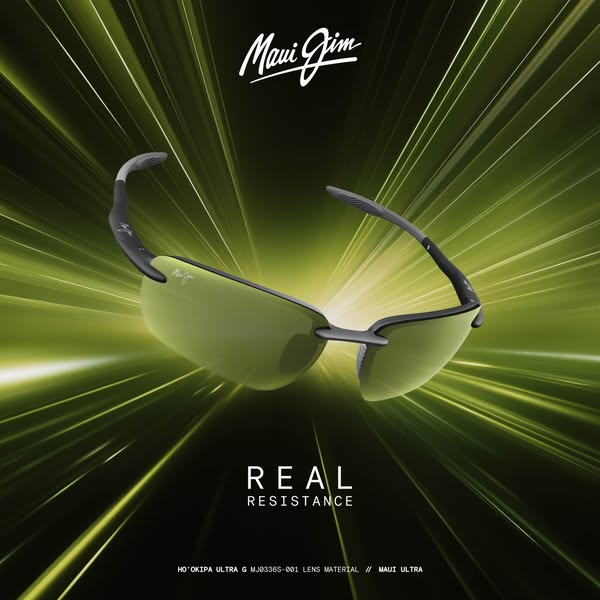 This ad showcases a pair of Maui Jim sunglasses in a studio setting with a dynamic lighting effect. The ad highlights th