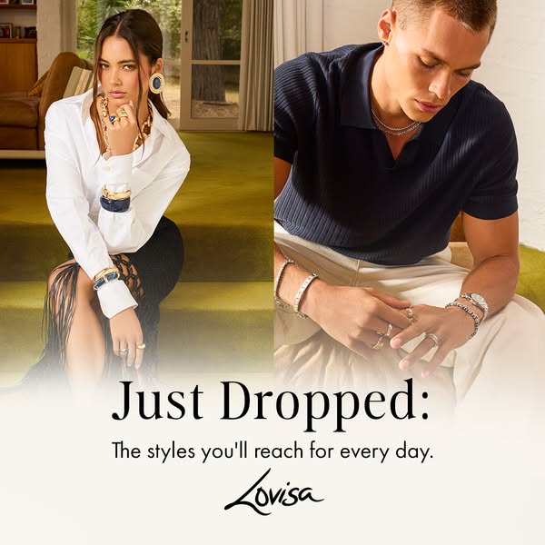 This image features a split layout, showcasing a woman and a man, each adorned with various pieces of jewelry from the L