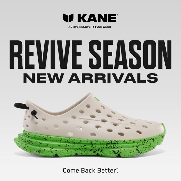 This image ad is for Kane Active Recovery Footwear. The ad announces "Revive Season" with "New Arrivals,&