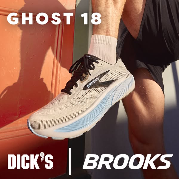 This ad displays the Brooks Ghost 18 running shoe sold at Dick's Sporting Goods, highlighting the shoe's feature