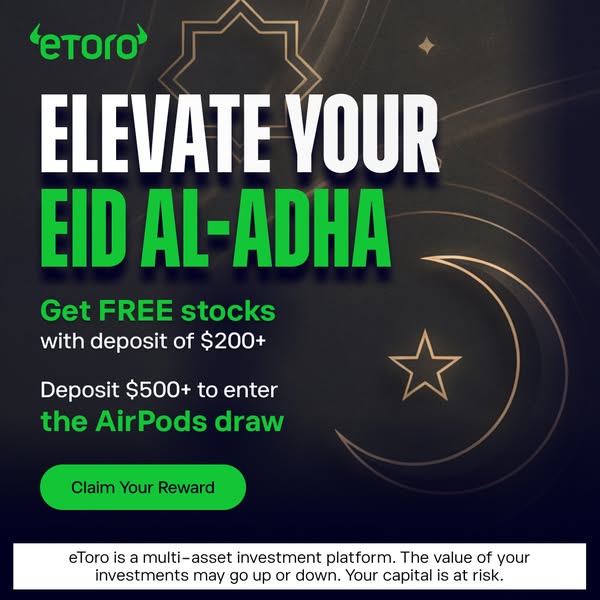 This ad for eToro promotes their platform by incentivizing new users with the chance to earn free stocks with a deposit 