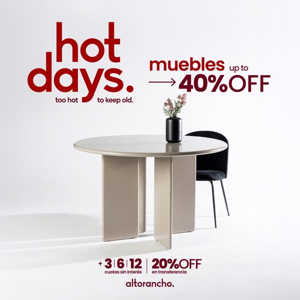 This image ad promotes Altorancho furniture with a 'Hot Days' sale, offering discounts and financing options.