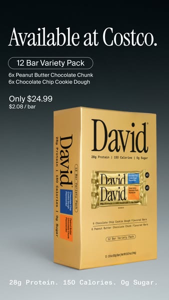 A single image ad promoting a 12-count variety pack of David protein bars at Costco.