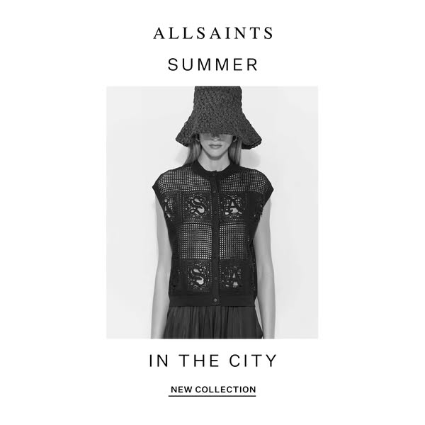 This ad features a black-and-white studio shot of a model wearing a crocheted summer outfit from Allsaints. The text 