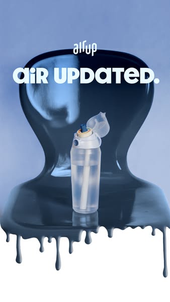 This ad features a single product shot of the Air Up water bottle, centered over a pool of blue liquid. The ad highlight