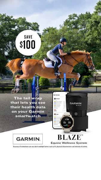 The ad showcases a horse wearing the Garmin Equine Wellness System, which includes a tail wrap sensor and a Garmin smart
