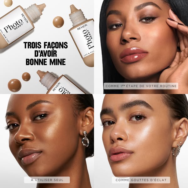This ad for Revlon's Photo Ready Fill Skin Tint features a grid layout with four panels. The top left panel shows th