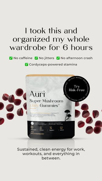 This image ad features Auri Super Mushroom Daily Gummies. The ad leads with a customer testimonial, highlighting the gum