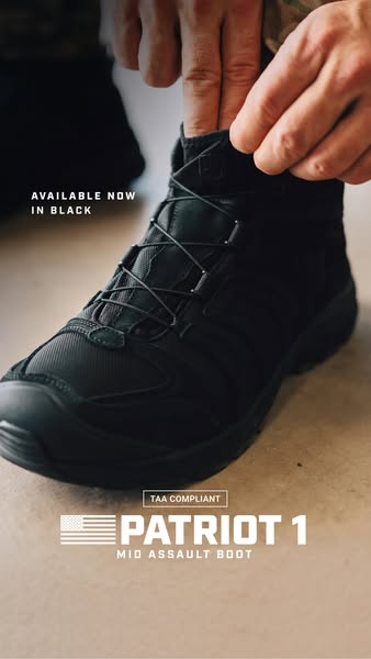 This image ad features the Patriot 1 Mid Assault Boot, highlighting its availability in black and its TAA compliance.