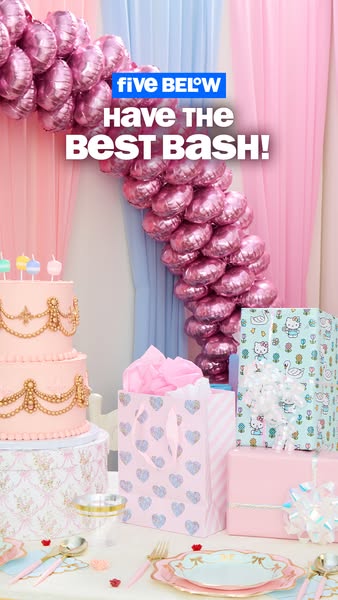 This Five Below ad features a celebration-themed product display, with a cake, gifts, and party supplies arranged agains