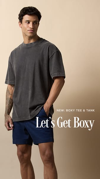This ad showcases a man wearing a boxy tee and tank top with shorts. The ad highlights the newness of the product and en