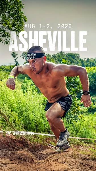 This image ad for Spartan promotes an upcoming race in Asheville, NC. It features a shirtless man running uphill on a di