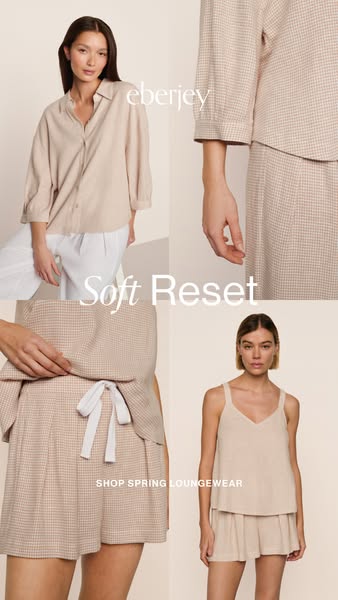This image ad showcases the Eberjey brand and their new spring loungewear. There are four different shots of the clothin