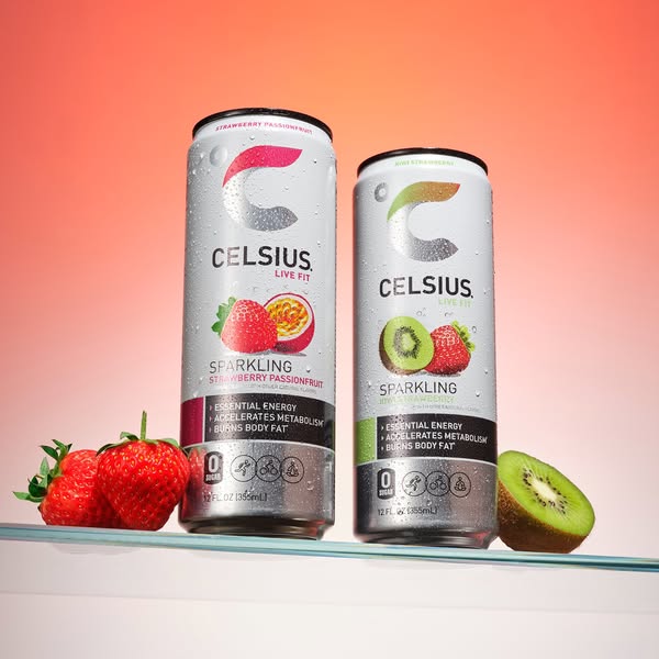 Ad for Celsius energy drinks showing the strawberry passionfruit and kiwi strawberry flavors and emphasizing benefits li
