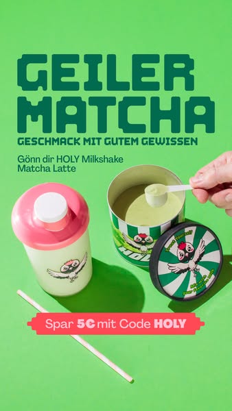 This image ad showcases the HOLY Matcha Latte product. It highlights the good taste and conscience behind the product, w