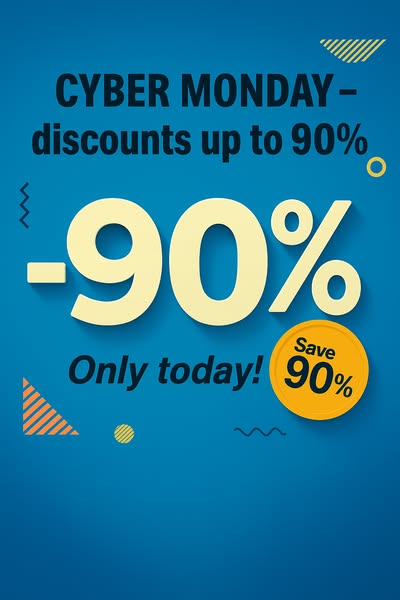 This Cyber Monday image ad highlights a 90% discount for a limited time.