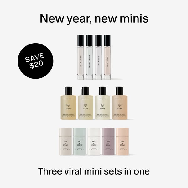 This ad showcases three mini sets of body care products from Salt & Stone, emphasizing the 'New year, new minis&