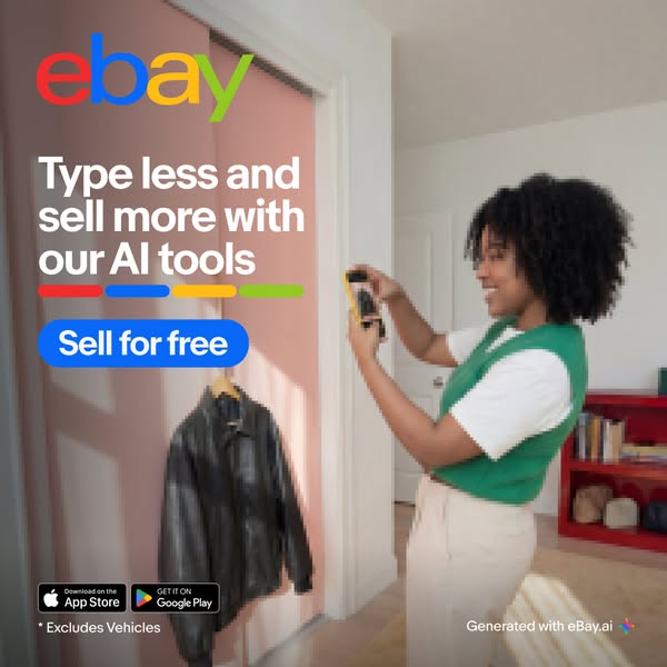 This image ad promotes eBay's AI tools for sellers, highlighting the ease and efficiency of selling items with featu