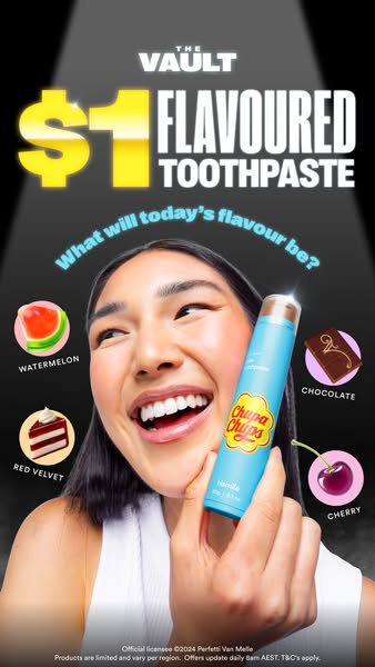 This ad promotes flavored toothpaste from The Vault, in collaboration with Chupa Chups. The ad features a woman holding 