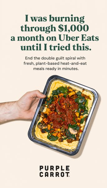 This image ad promotes Purple Carrot, a plant-based meal delivery service. The ad addresses the pain point of spending t