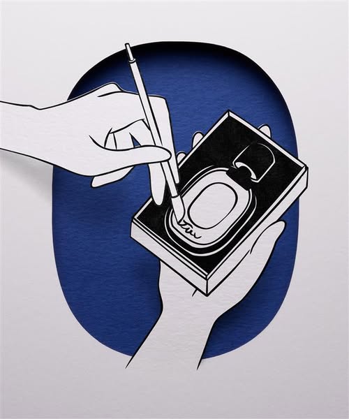 This image is a black-and-white hand-drawn style image of a hand with a pen drawing around the edge of a perfume product