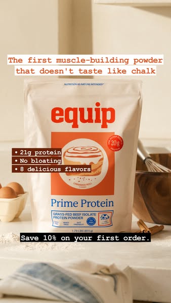This image ad for Equip protein powder highlights the protein powder's flavor and benefits. The ad also features a d