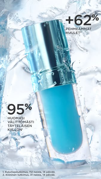 This ad showcases a lip product surrounded by ice, emphasizing the hydrating and plumping benefits, highlighted by claim