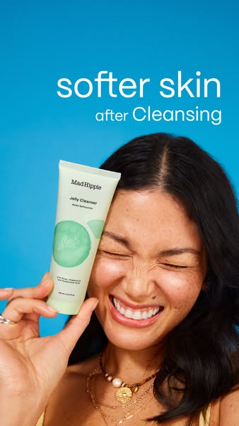 This ad promotes Mad Hippie's Jelly Cleanser. The ad features a woman holding the product, smiling, with bright and 