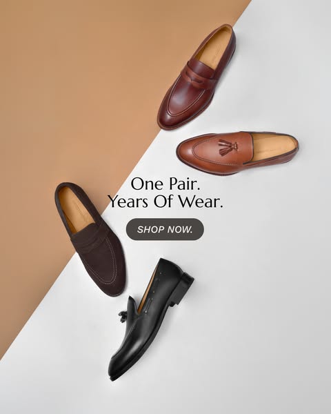 An image ad showing four different styles of men's dress shoes and the phrase "One pair. Years of wear."