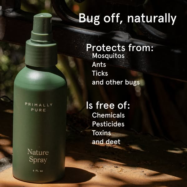 This image ad for Primally Pure Nature Spray highlights the product's natural bug-repelling qualities. The ad lists 