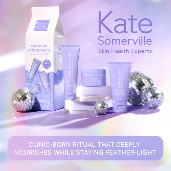 This ad features the Kate Somerville Goat Milk skincare line in a visually appealing and informative way, highlighting t