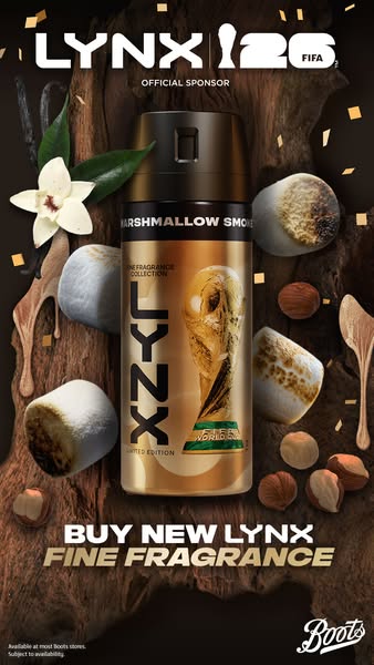 This image ad promotes LYNX's Marshmallow Smoke Fine Fragrance Collection, a limited edition product associated with