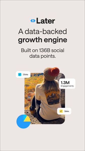 This image ad for Later highlights the brand's data-backed growth engine, built on 136B social data points. The ad f