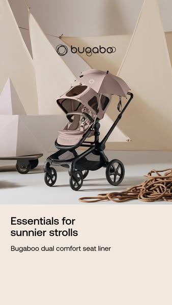 This image ad showcases Bugaboo's dual comfort seat liner and is designed to be used on sunnier days.